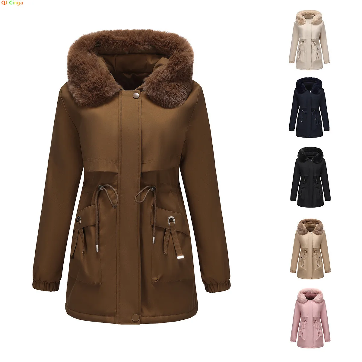 

Winter New Arrival Women's Dark Brown Hooded Mid-Length Coat, Stylish and Warm Thick Jacket. Khaki, Black, Blue, Pink Parkas.