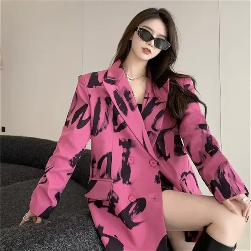 Lente Herfst Pak Jasje Vrouwen 2024 Nieuwe Mode Losse Vrijetijdsjas Printknoop Double-Breasted Rose Kleur Bovenkleding Dames