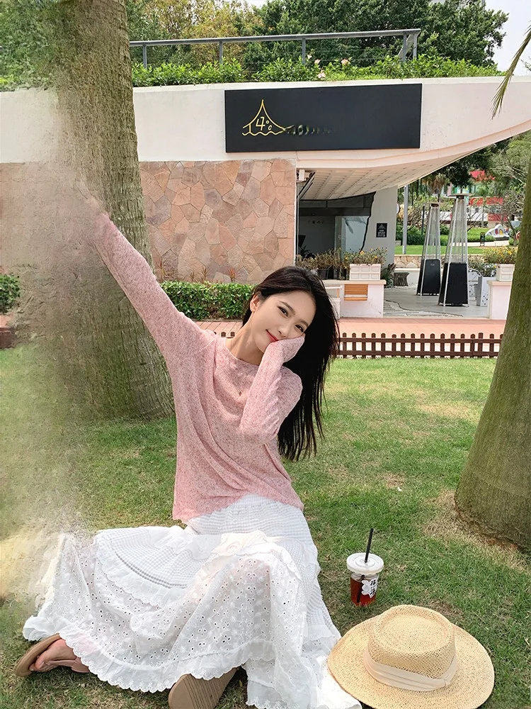 

Женская розовая вязаная рубашка Yang Pao Pao с круглым вырезом и длинными рукавами, защита от солнца, мягкая и удобная, базовый слой, корейский стиль, для повседневной носки