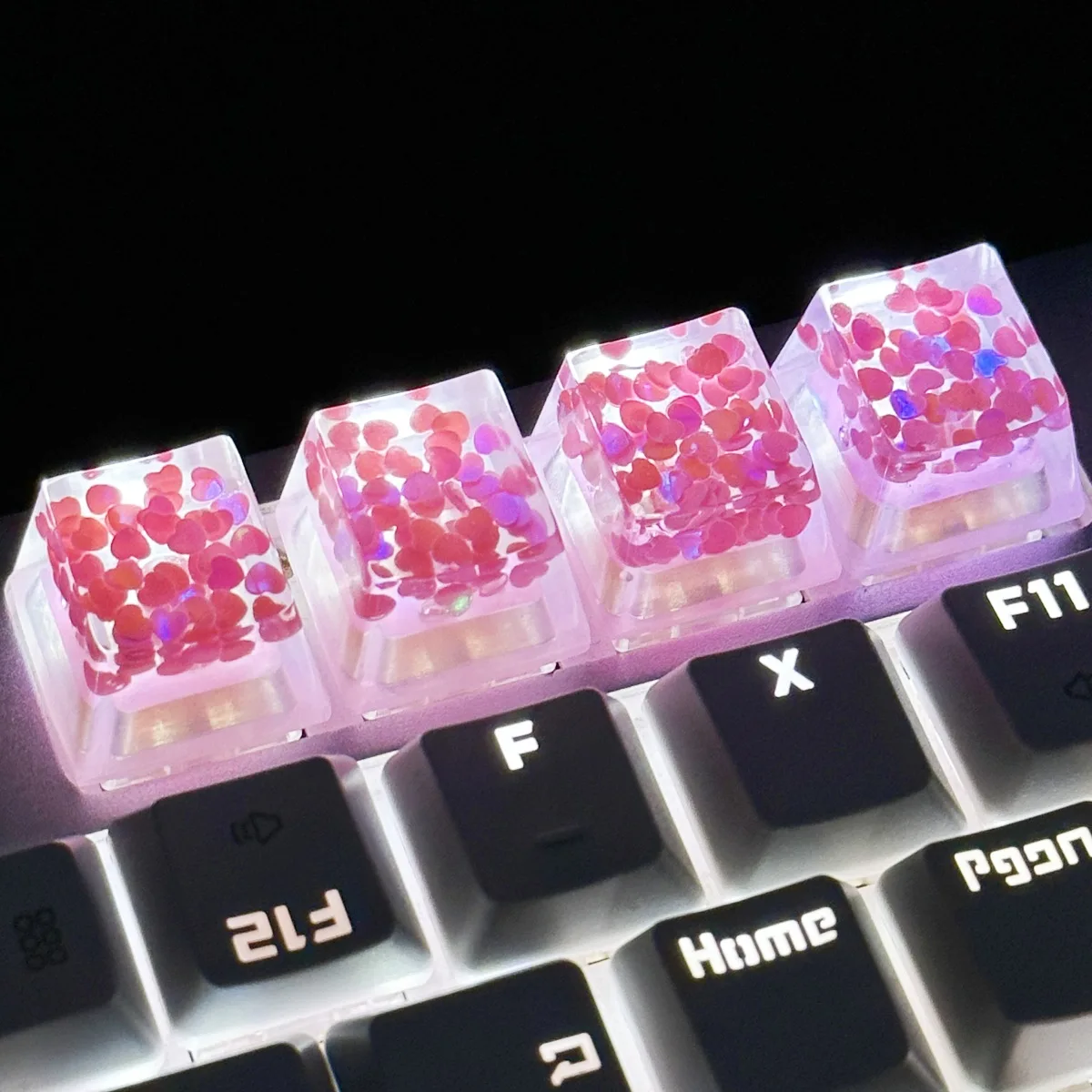 Translucent Love Sequins Keycaps com Acessórios, Teclado Mecânico, Eixo Cruzado, Novo, Mais Vendido, 4Pcs