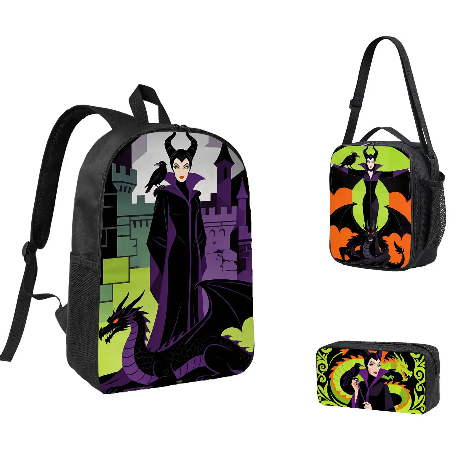 

3pc Maleficent Backpack, Pencil Case, Lunch Bag, High-Quality Cute Casual Shoulder Bag for Everyday Use