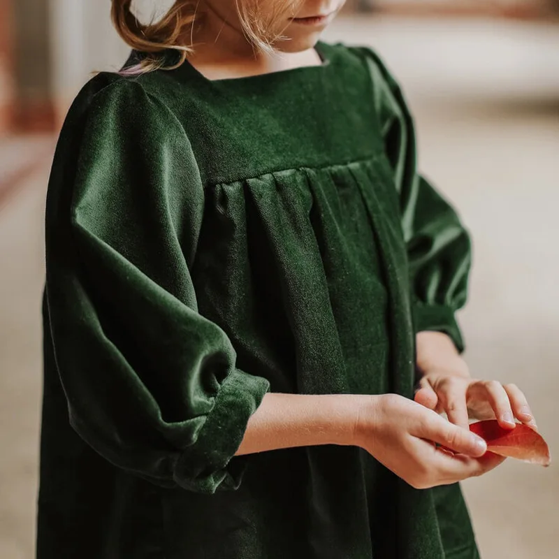 

Toddler Girls Corduroy Winter Square Collar Solid Color Thicken Warm Kids Girls Knee Length Dress Puff Sleeve Infant Girls Dress