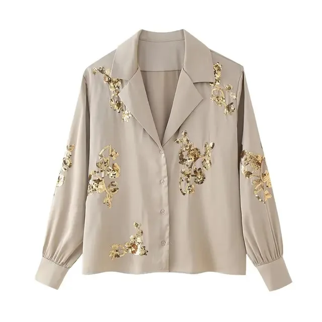 

New Summer Fashion Women Blouse Solid Turn-Down Collar Long Sleeve Sequins Decorate Single Breasted Female High Street Shirts