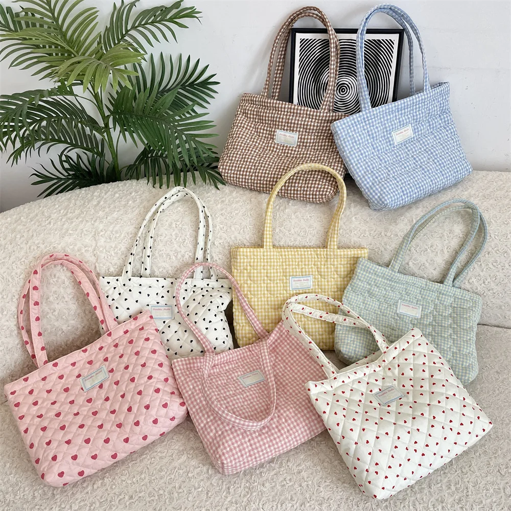 

Quilted Cotton Women's Handle Shoulder Bags Simple Plaid Heart Female Shopping Bag Large Capacity Grils Tote Shopper Handbags