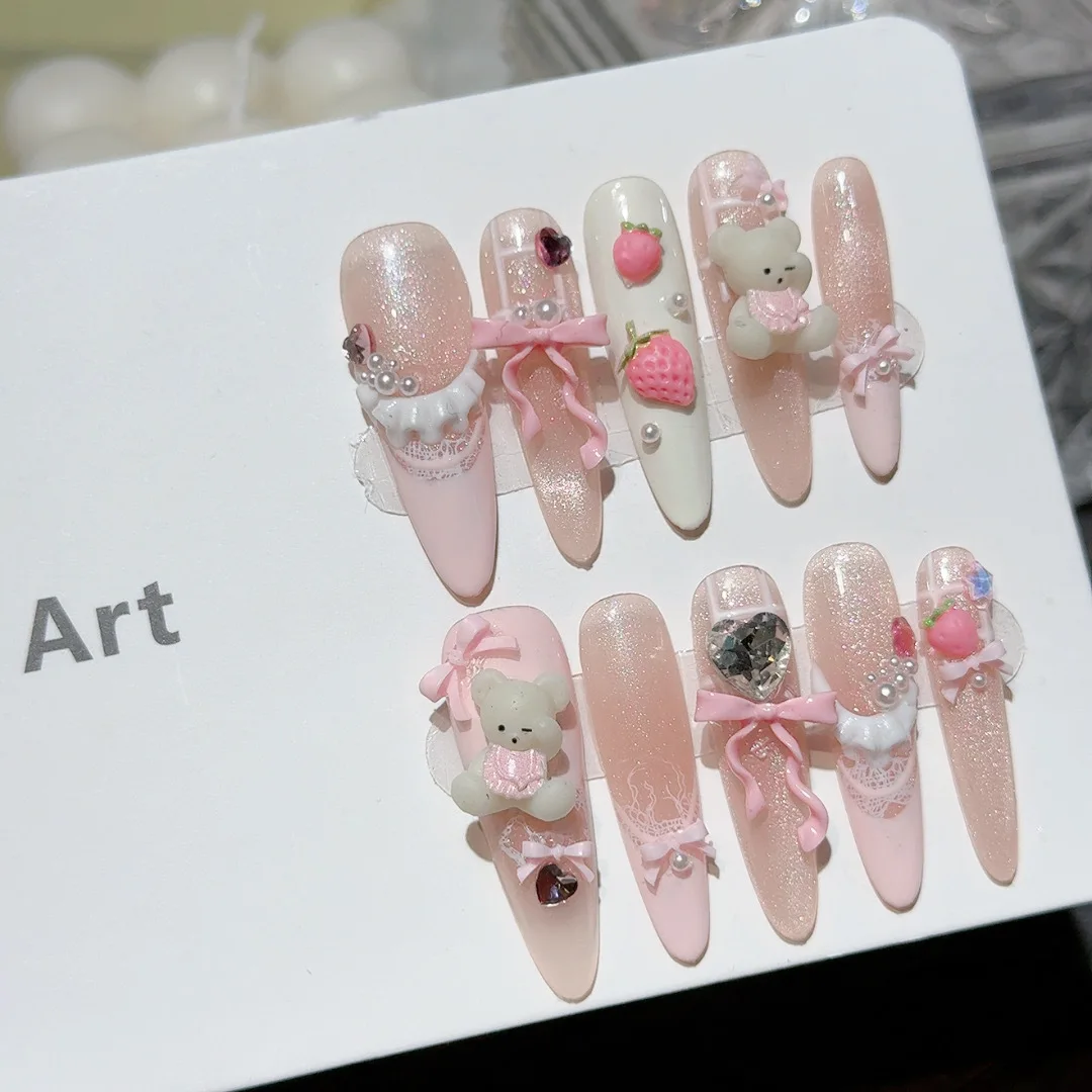10pcs Cute Bear Rabbit Press On Nails Blue Yellow Macaron French Tip Handmade Fake Nails Blush Long Almond Bowknots False Nail view 4