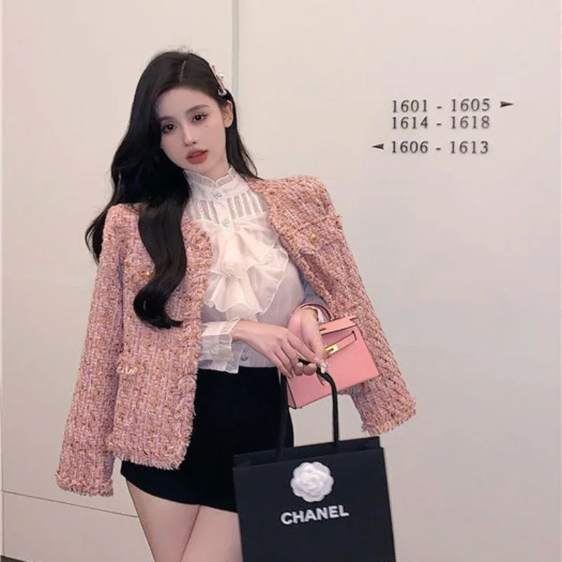 New Autumn Winter Vintage Pink Tweed Weave Jacket Coat Women Small Fragrance Korean Tassel Woollen Coats Elegant Outerwear