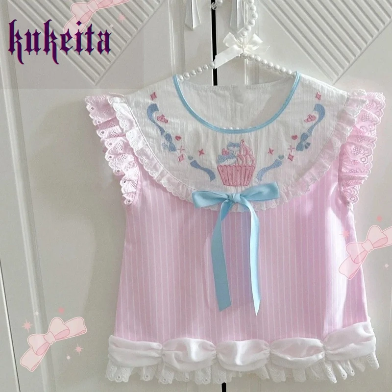 Kukeita Harajuku Girls Sweet Pink Cute Lolita T-shirt Women Y2k Aesthetic Bow Cake Lace Short Sleeve T Shirt Japanese Kawaii Top