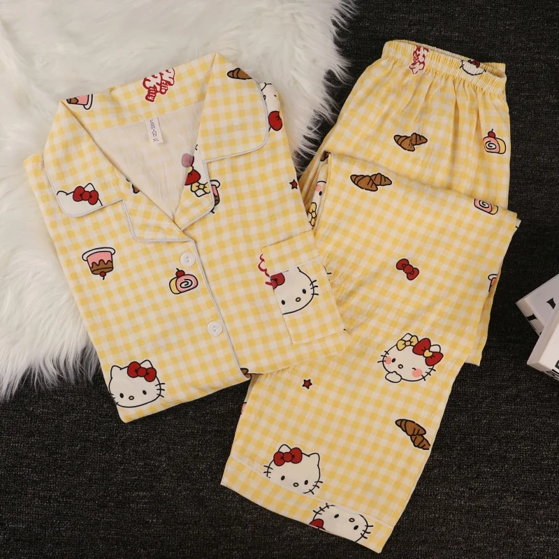 

Hello Kitty Printed Pajama Set Women Long Sleeve Plaid Sleepwear Home Clothes Cute Soft Comfortable Loungewear Autumn Winter