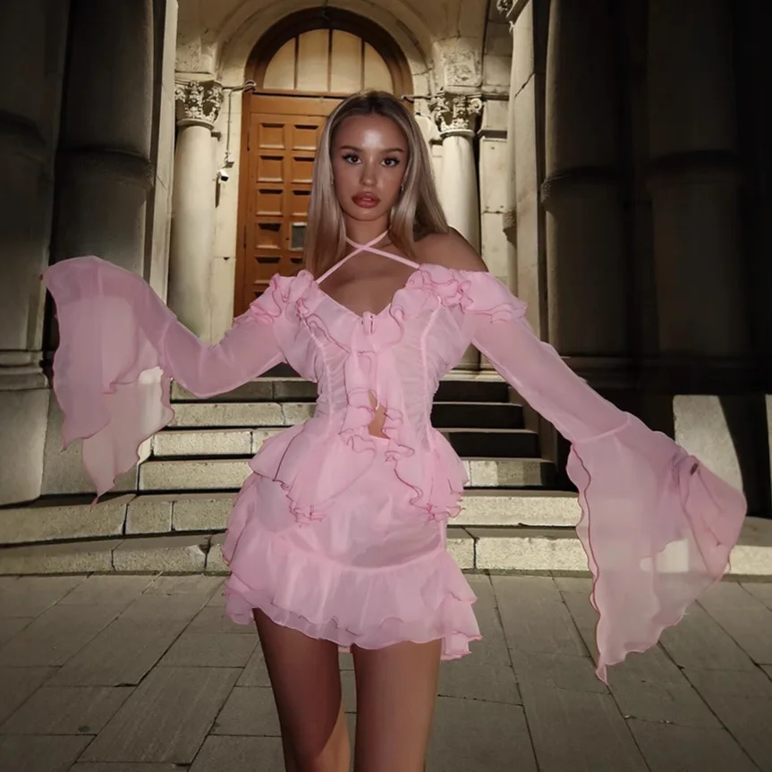 

Women Solid Ruffles 2 Piece Set Slash Neck Off Shoulder Flare Long Sleeve Halter Backless Blouse Tops + Mini Skirts Holiday Suit