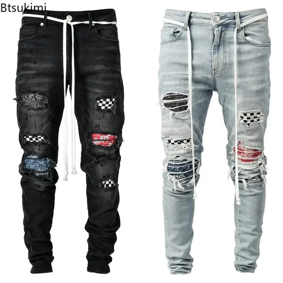 New 2026 Men's Skinny Ripped Jeans Grid Beggar Patches Slim Fit Stretch Casual Denim Pencil Pants Painting Jogging Trousers Male