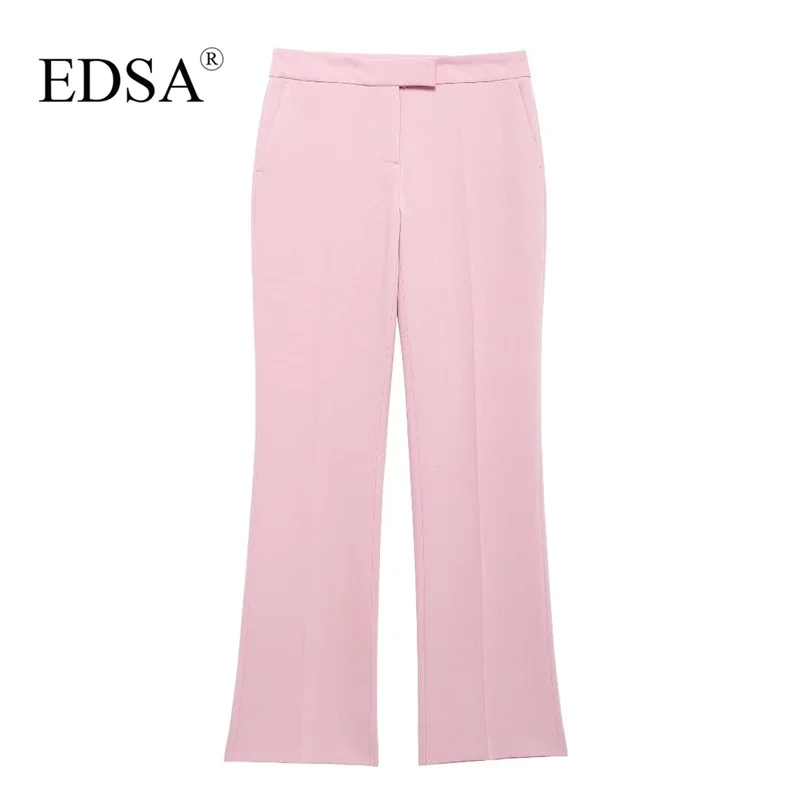 EDSA Women Pink 2 Pcs Pants Set Single Button Blazer Jacket with Flap Pockets & High Waist Straight Flare Trousers Office Lady