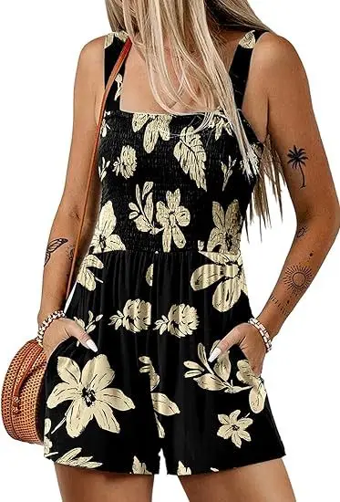 

Mandylandy Summer Rompers Women Summer Playsuits Casual Pleated Jumpsuit Square Neck Sleeveless Loose Shorts Beach Resort Wear