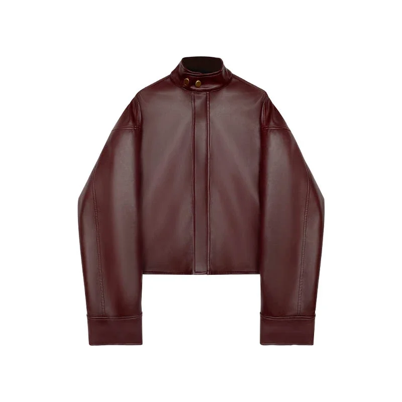 Women's Spring Autumn Tops Jacket Leather Coat Standing Collar Long Sleeve Cardigan Vintage Casual Designed Fashion Niche Skinny