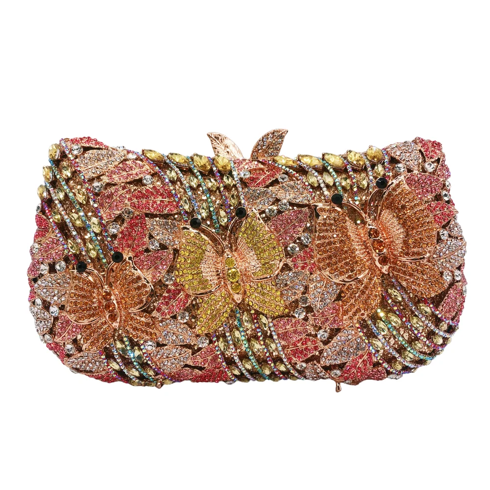 

Butterfly-Among-Flowers Clutch, Enamel Wings & Crystal Blooms Evening Bag. OEM Custom Poetic Purse, Low MOQ Wholesale from Facto