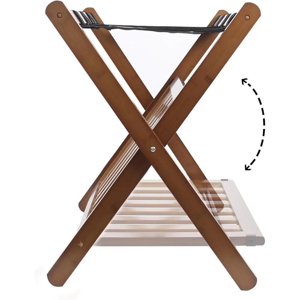 Fully Assembled Walnut Bamboo Luggage Rack with Shoe Shelf, Folding Suitcase Stand with 5 Heavy-Duty Straps