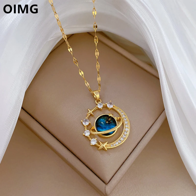 OIMG 316L Stainless Steel Gold Plated Romantic Blue Starry Sky Plane Pendant Necklace For Women Wedding Charm Jewelry