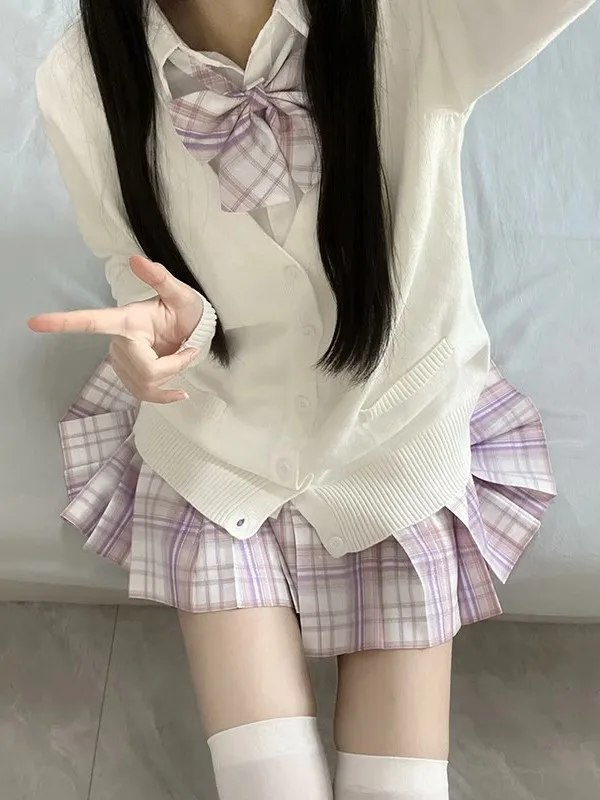 

Оригинальный вязаный комплект с юбкой, весна-осень, плиссированная клетчатая юбка, открытый кардиган, верхняя одежда, комплект футболок, моющийся