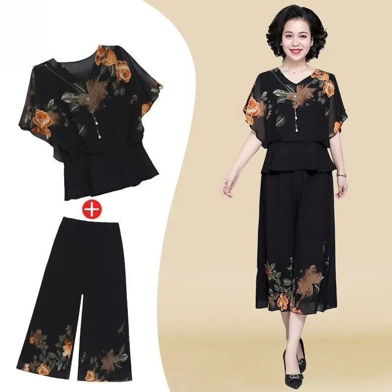 Mid aged Mother Summer Suit 2023 New 50 Year Old Women\'s Short Sleeve Top Foreign Chiffon Two Piece Set Female Elegant Print Set