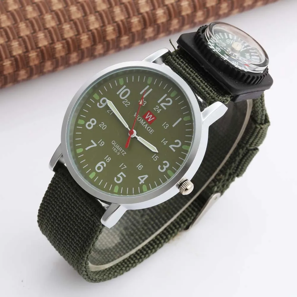 

WOMAGE Watch Men Sport Watches Fake compass Green Fabric Band Quartz Wristwatches Men Boys relogio masculino montre homme