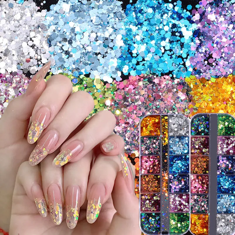 Mixed Hexagon Sequins Nail Decoration 12Grids Holographic Spangles Glitter Flakes Nail Art Powder Gel Polish Manicure Accessory