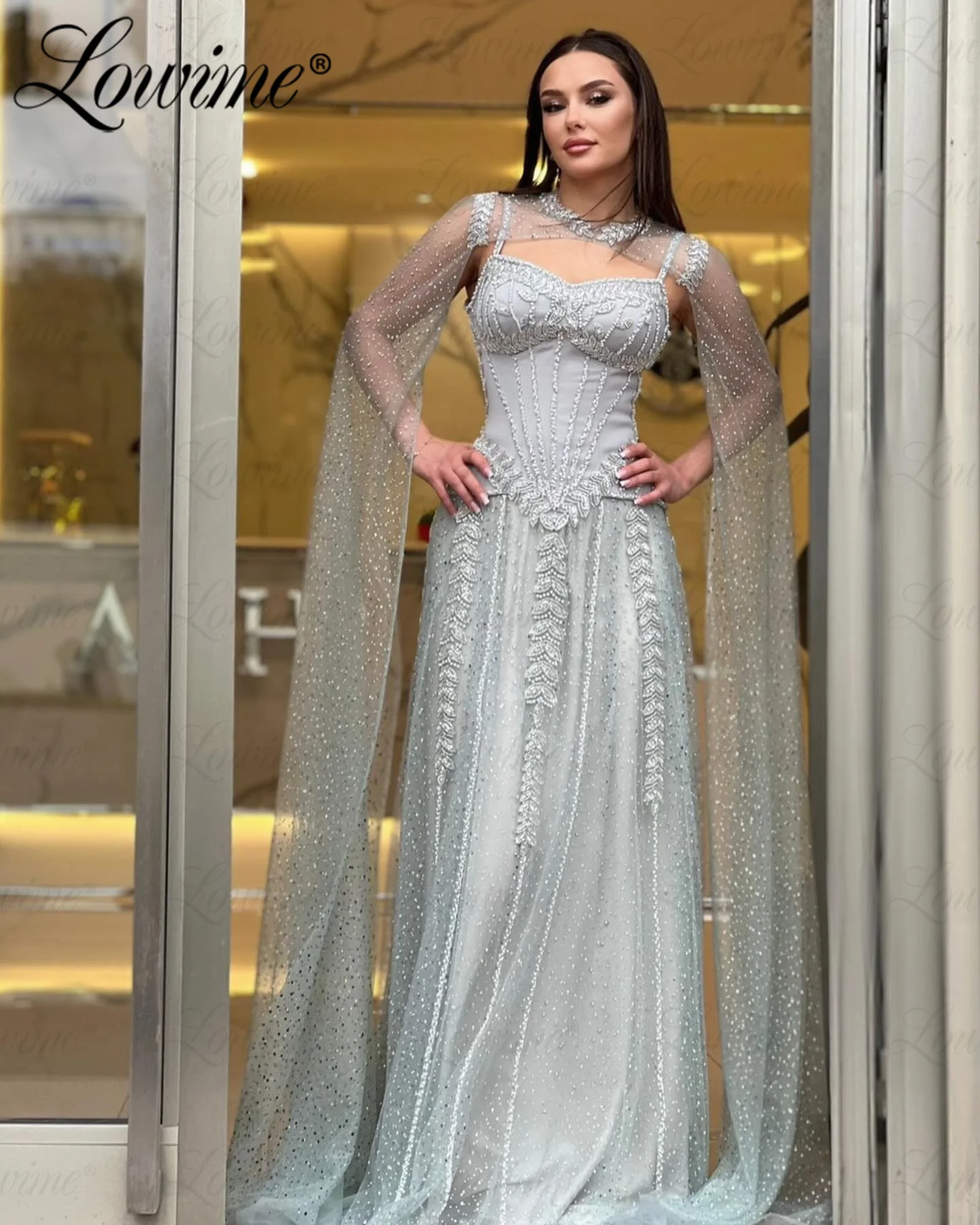 Silver Beaded Wedding Party Dress Mermaid With Cape Sleeve Long Prom Dresses 2024 Robe De Soiree Customize Arabic Evening Gowns