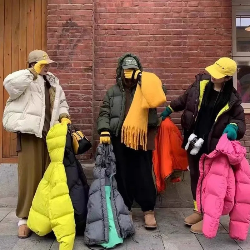 Luxury Women's Contrasting Colours Down Jacket New Style Short Style Hooded Loose Thicken Casual Candy Colours Bread Jacket