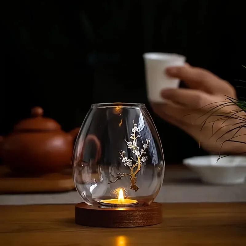 Glass Candle Holder Wooden Base Metal Floral Branch Decorative Tealight Lantern Home Tea Table Desktop Ornament Unique Gift Idea