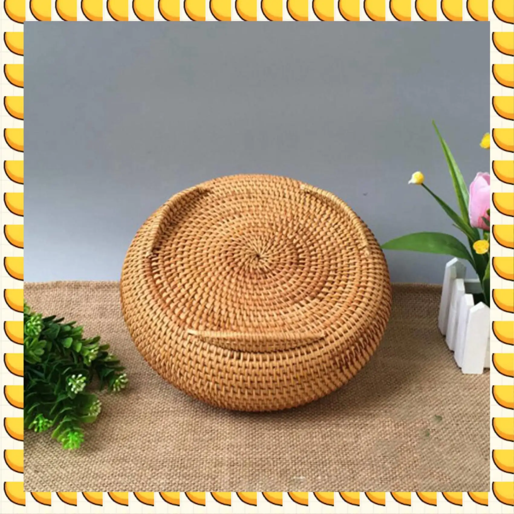 BAAU 2X Storage Basket Hand-Woven Rattan Woven With Cover Round Primary Color Chinese Jewelry Snacks Tea Set Storage Box