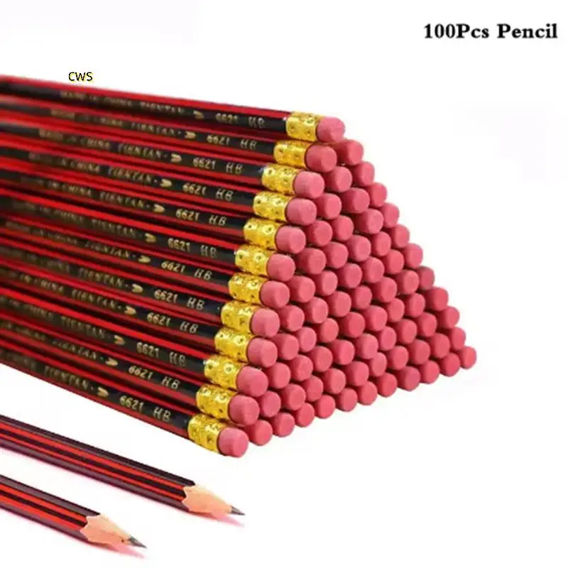 100 Uds. Lápiz para bocetos, lápices de plomo de madera, lápiz HB con borrador, lápiz de dibujo para niños, papelería de escritura escolar
