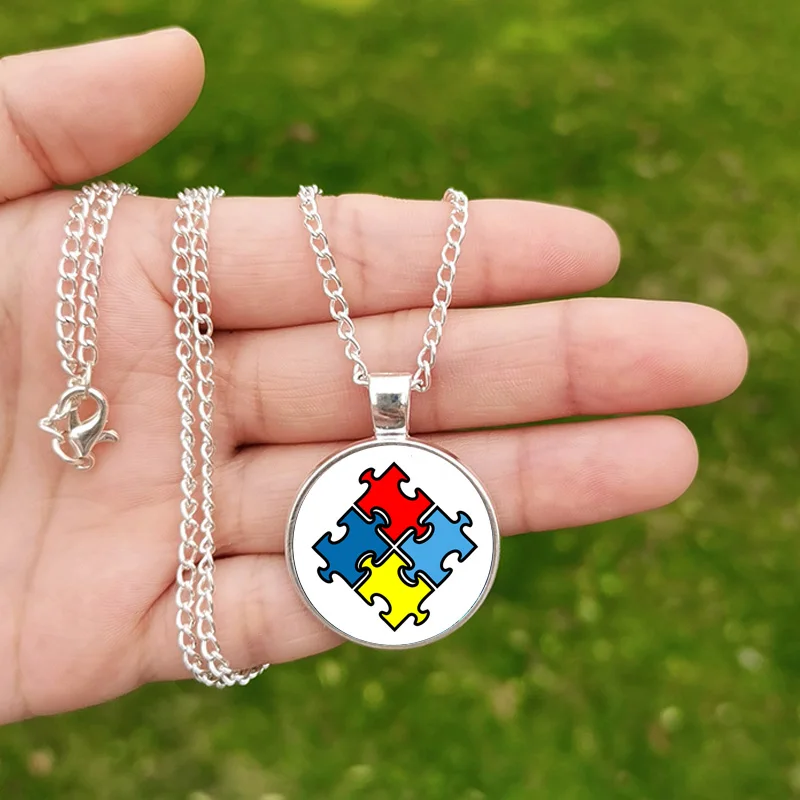 Creative New Autism Awareness Necklace Glass Pendant Puzzle Heart Poster Necklaces For Men Women Jewelry Gift