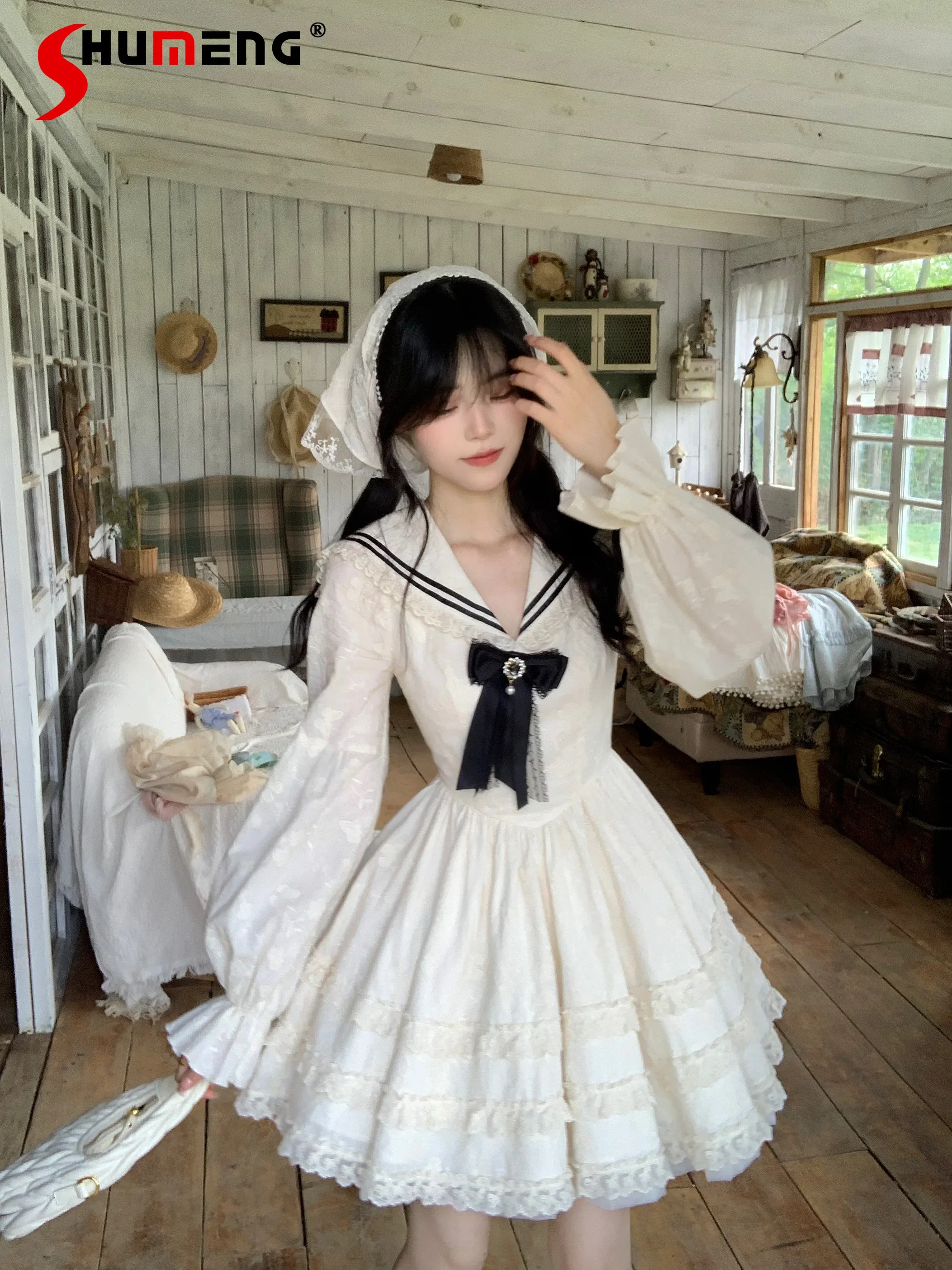 

Japanese Sweet Preppy Style Lace Stitching Sailor Collar Bow Flare Long Sleeve High Waist Slim Fit A-Line Short Dress For Women