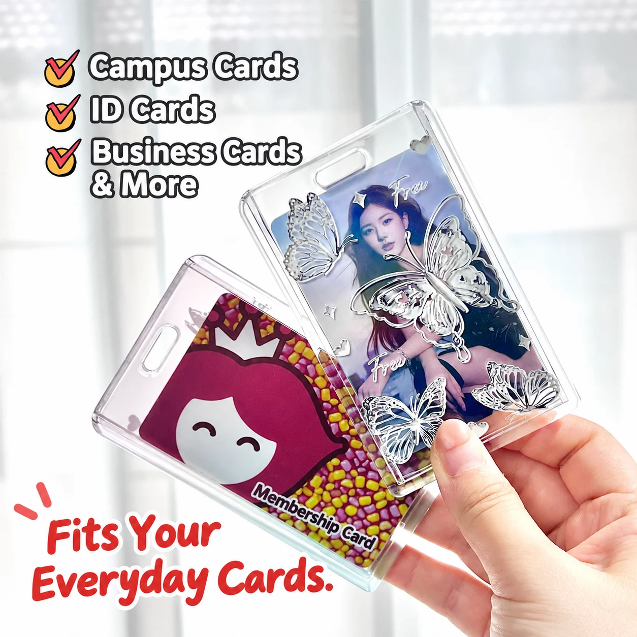 Clear Butterfly Card Holder Sliding Cover Hard PS ID Badge Case for Student ID Bank Cards Photocard Protector
