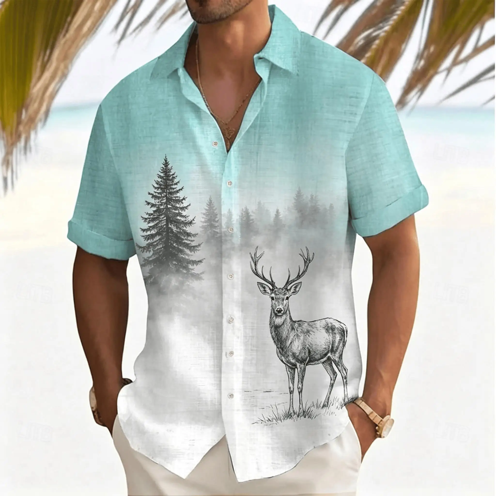 

Men's Deer in Misty Forest Print Short Sleeve Shirt, Nature Wildlife Style for Summer