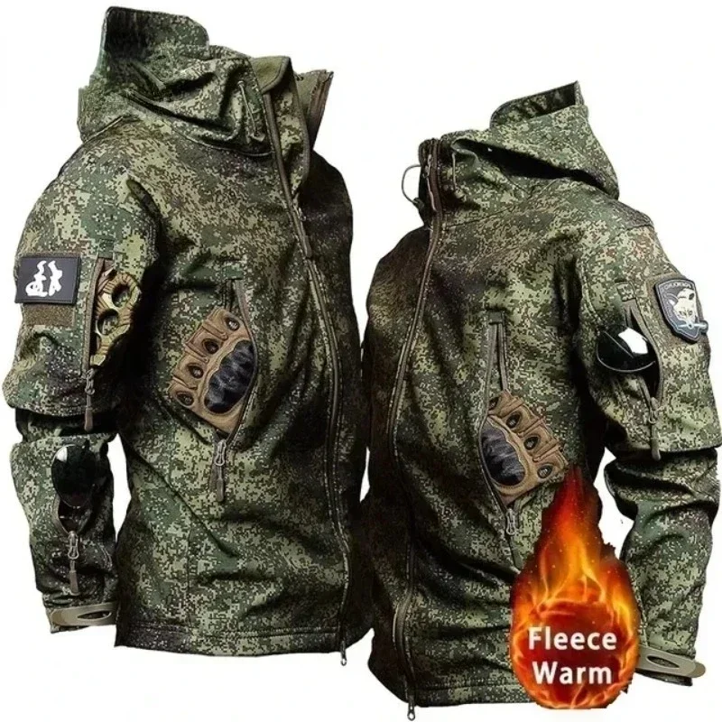 

Winter Russian Camo Fleece Hooded Mens Jacket Multiple Pocket Zipper Waterproof and Windproof Hunting Tactical Coat Ropa Hombre