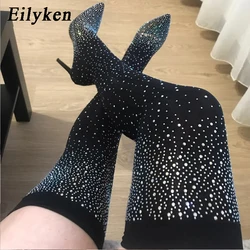 Eilyken Design Crystal strass tessuto elasticizzato Sexy tacchi alti calzino stivali sopra il ginocchio scarpe da donna Pole dance a punta