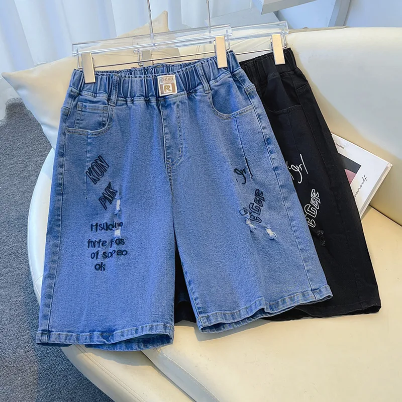 150Kg Plus Size Women's Hip 150 Workwear Pants Summer High Waisted Loose Cropped Jeans Blue Black 5XL 6XL 7XL 8XL 9XL