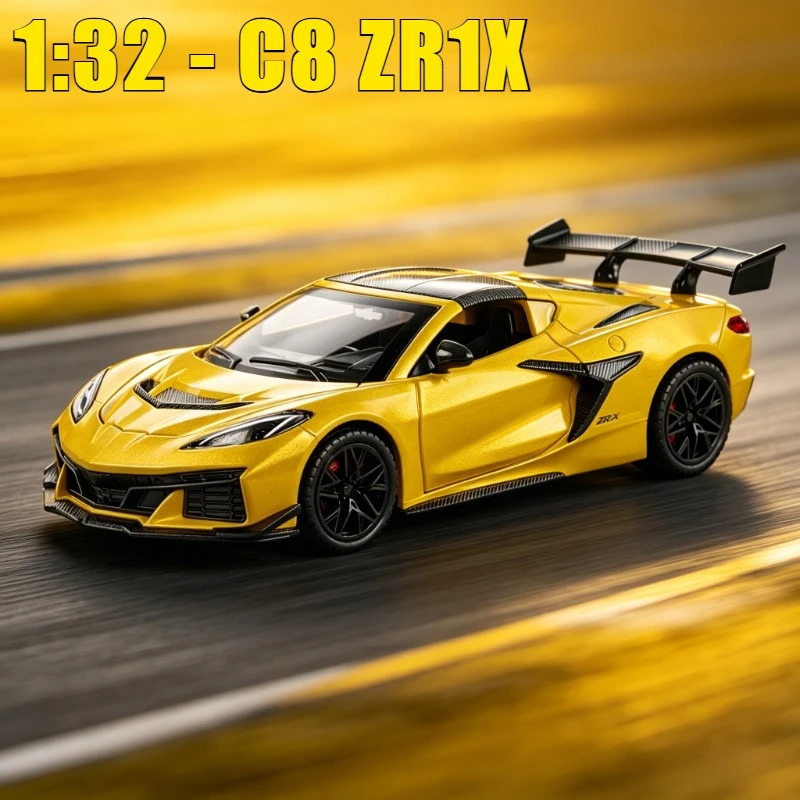 Modelo de Auto Deportivo C8 ZR1X a Escala 1:32, Juguete de Metal Fundido a Presión, Modelo de Auto de Simulación con Sonido y Luz, Regalos Coleccionables