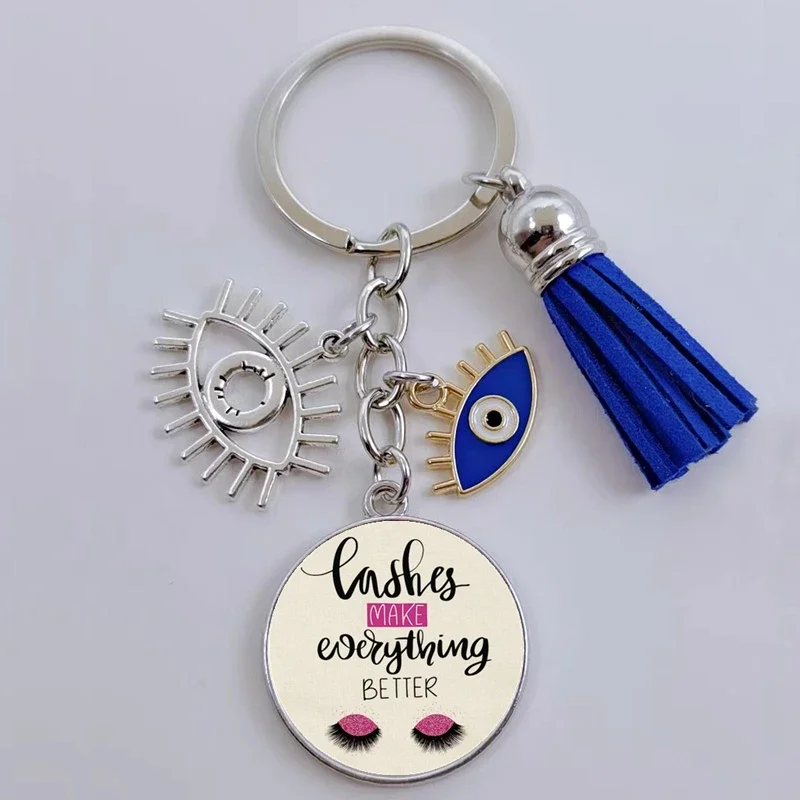 Cute Eyelash Beauty Salon Eyelash Art Girl Keychain, DIY Cabochon Glass Pendant Backpack School Bag Car Hanging Accessories