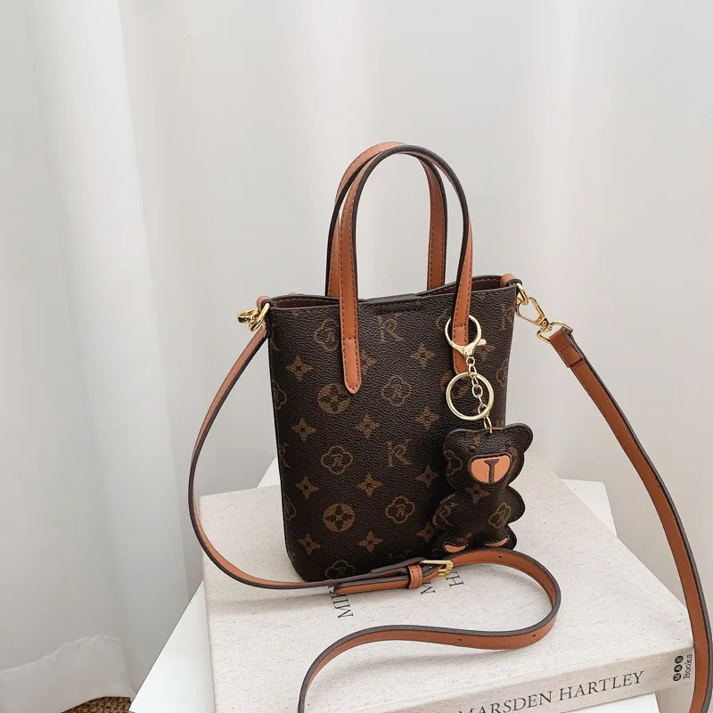 2026 Vintage Monogram Women Mini Tote Bag Retro Print Handbag Ladies Crossbody Shoulder Purse with Bear Charm Pendant