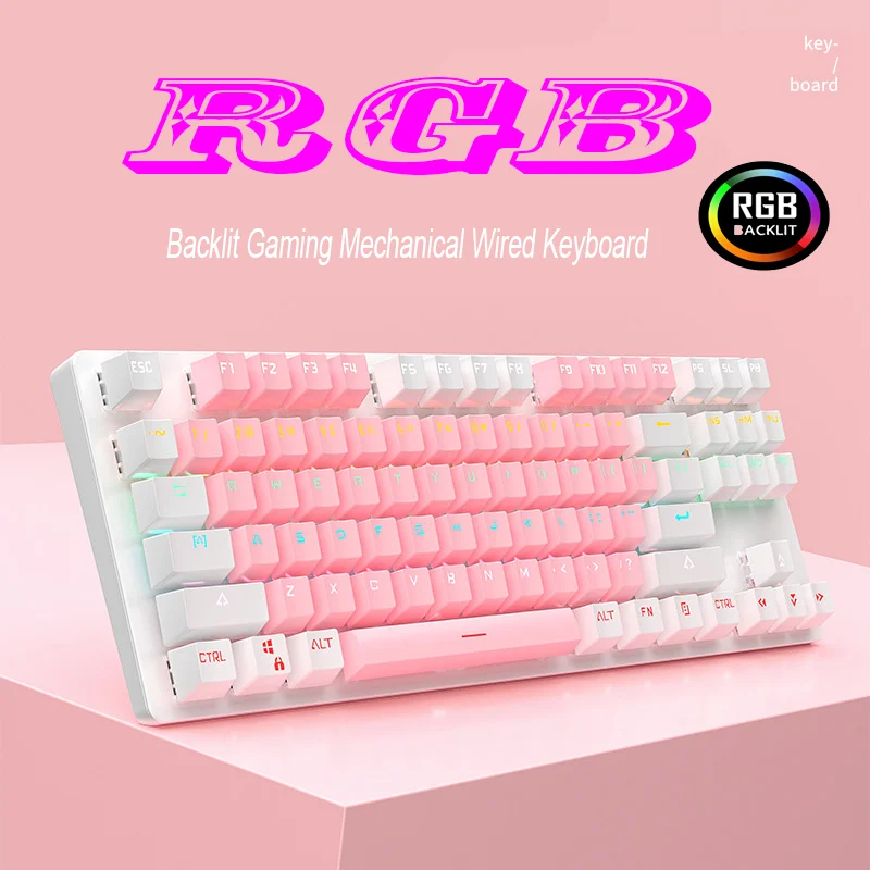 

Wired Mechanical Gaming Keyboard Pink Slim 87 Keys Computer Keyboard RGB Backlit Gamer Keyboards and Mouse For Laptop PC Girl