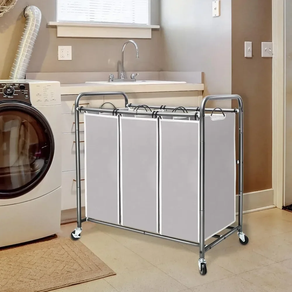 STORAGE MANIAC 3 Section Laundry Sorter, 3 Bag Laundry Hamper Cart with Heavy Duty Rolling Lockable Wheels
