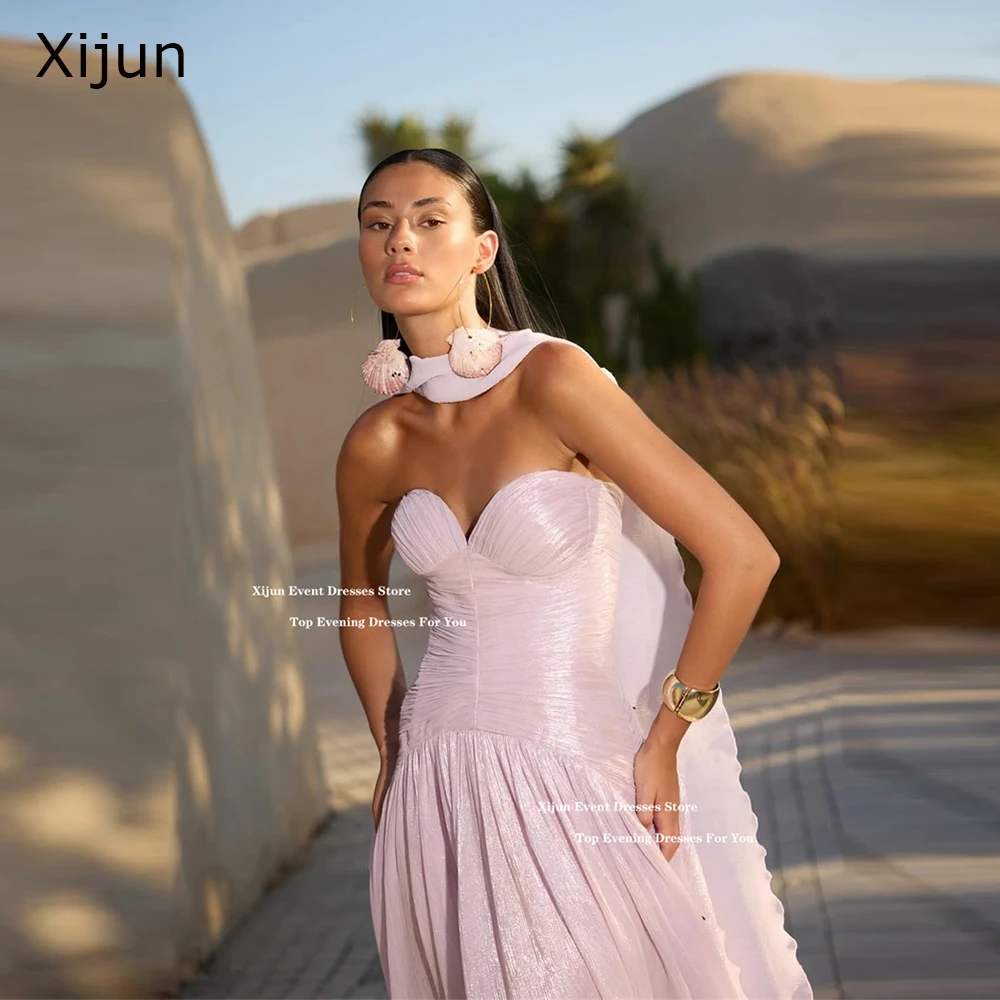 

Xijun Pink Silk Satin Long Evening Dresses Sweetheart Scarf Sleeveless Formal Prom Dresses A-Line Pleated Prom Gowns Customized
