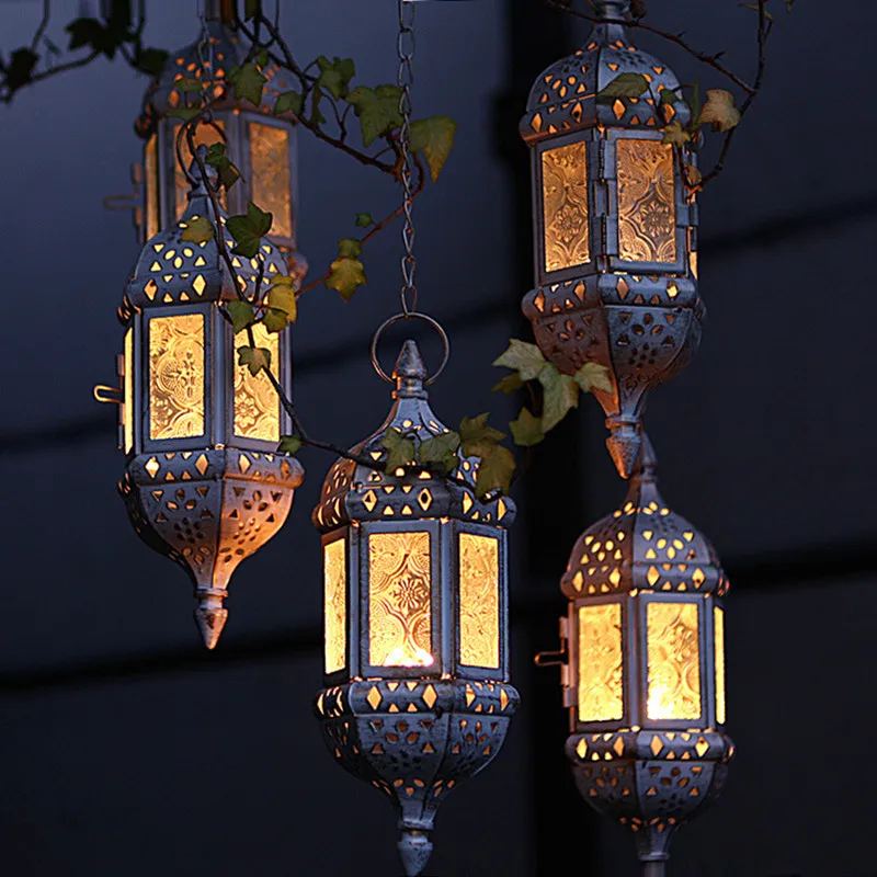Metal Hanging Candlesticks Candelabrum Pendant Light Glass Candle Holder Outdoor Garden Decoration