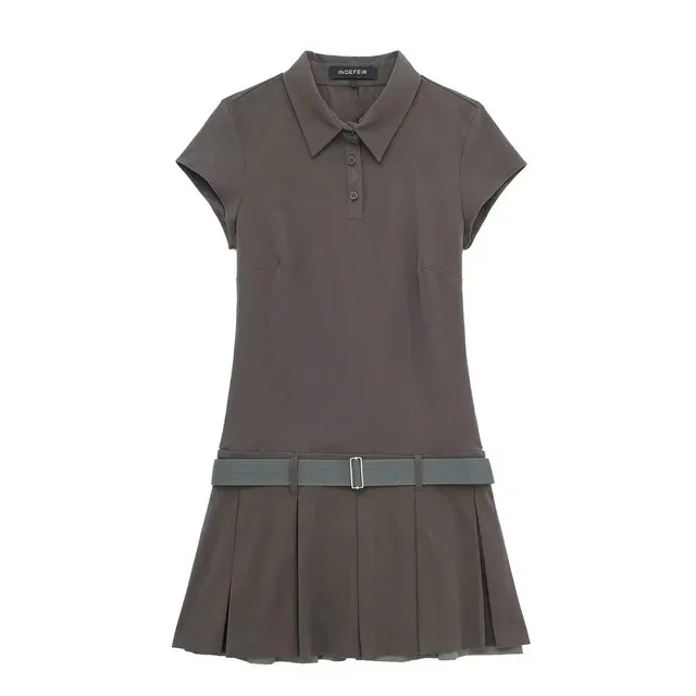 New Elegant Retro Belt Street Skirt Spring Fashion Solid Color Polo Neck Women's Pleated Slim Mini Dress