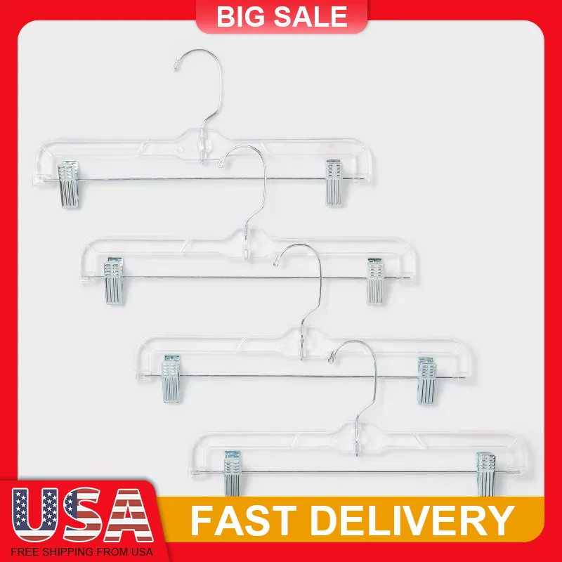 

4 Pack Clear Plastic Skirt Pants Hangers with Clips Top Loop Closet Organizer for Dresses Slacks Garment Storage Non Slip