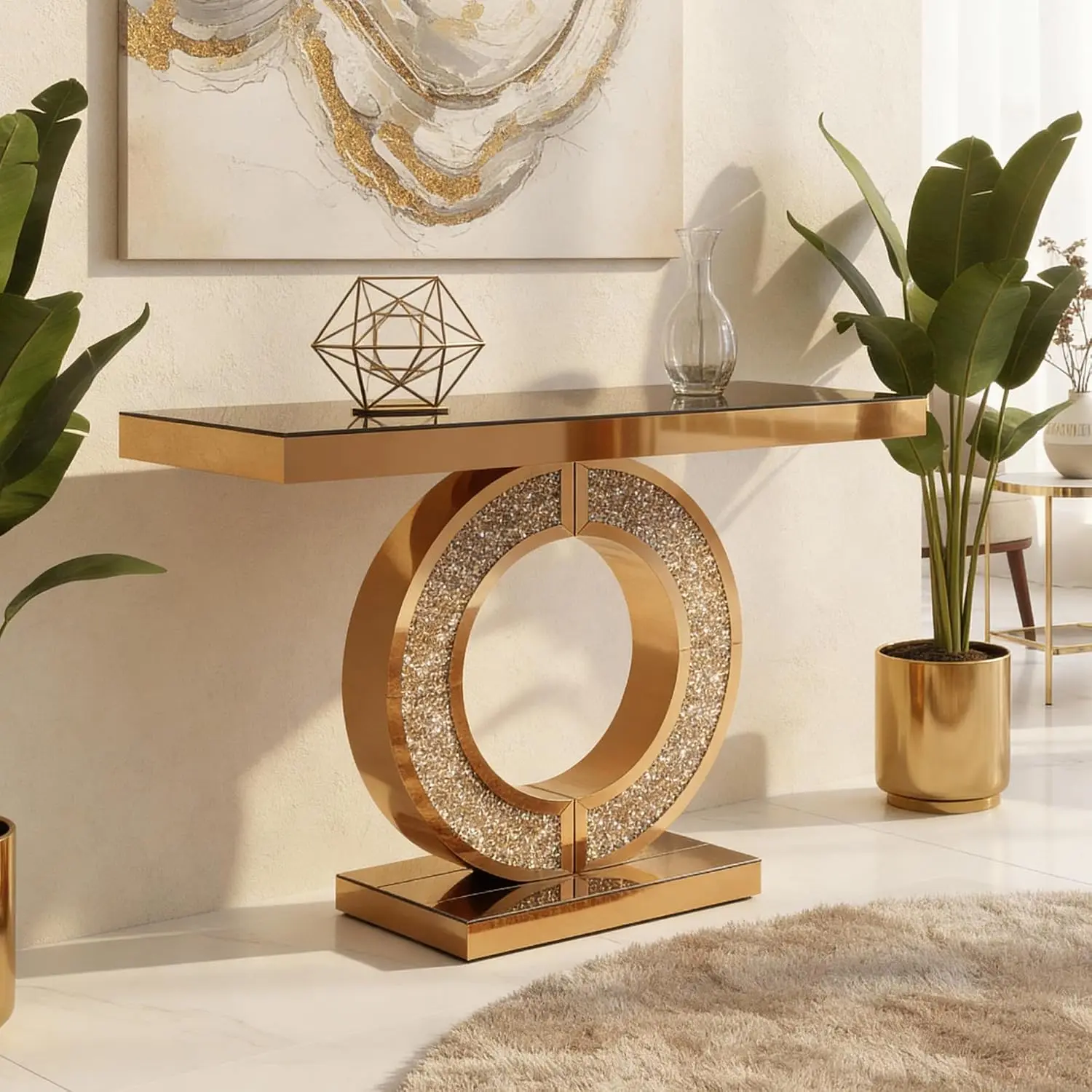 Mirrored Glass Console Table O-Base Diamond Inlay Modern Sofa Table Living Room Hallway Entryway Brown, Customized