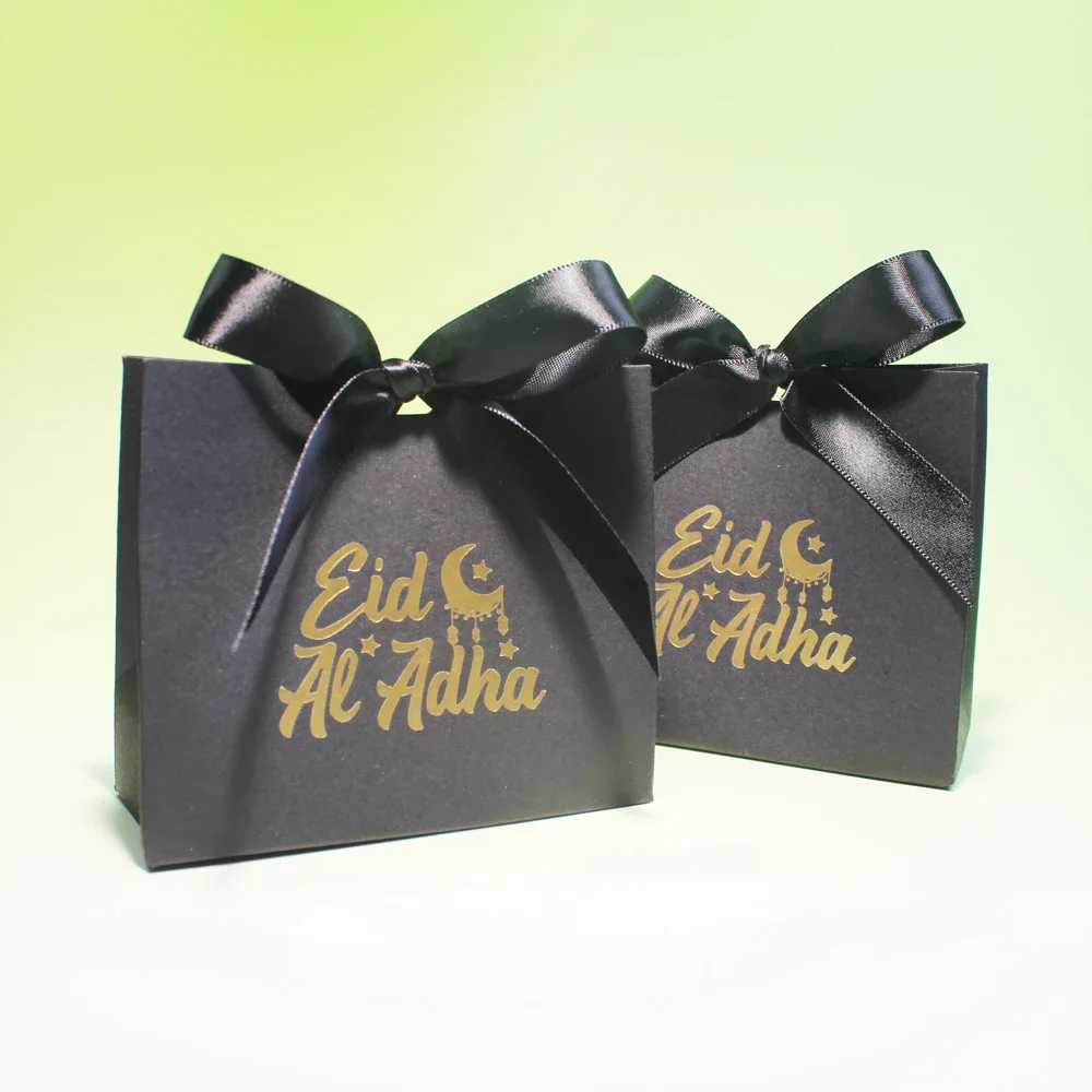 Eid Al-Adha Mubarak Black Box - Moon Star Themed Candy Gift Box for Muslim Islamic Ramadan Kareem Holiday Party Decoration