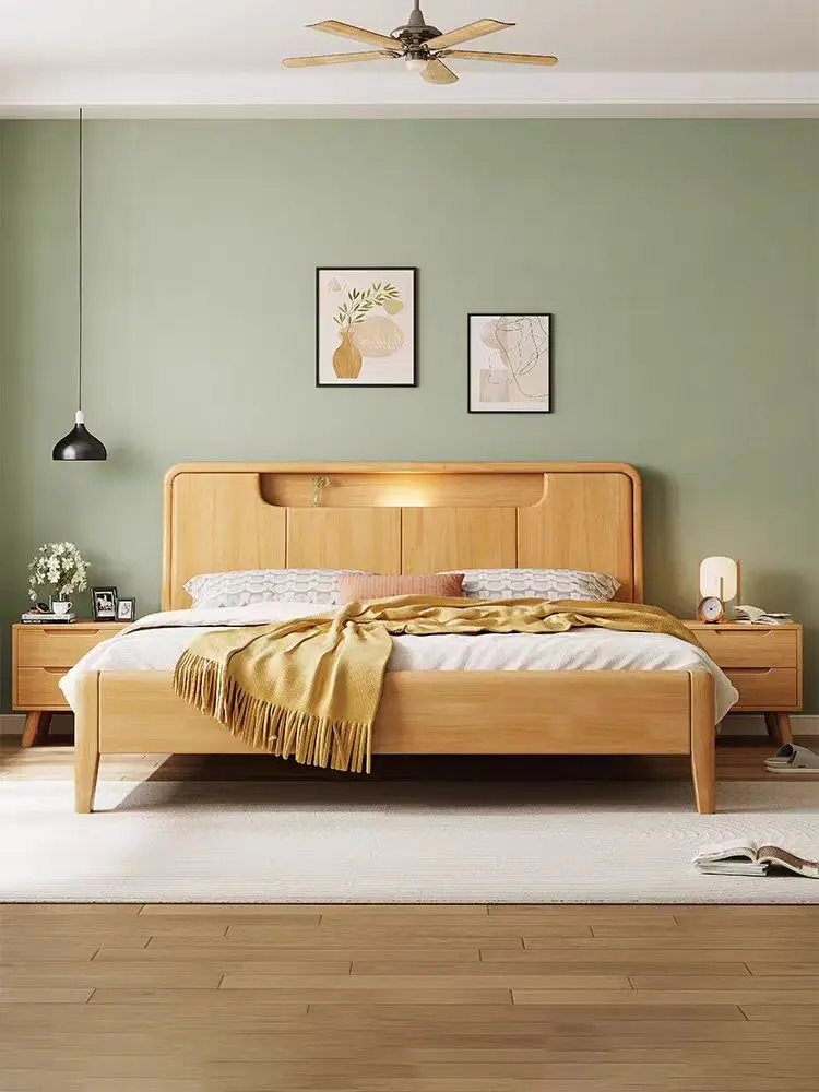 ￥#Modern Nordic Style 1.8m Double Bed Simple Solid Wood Rattan With Lift Storage Features for King Size Master Bedroom