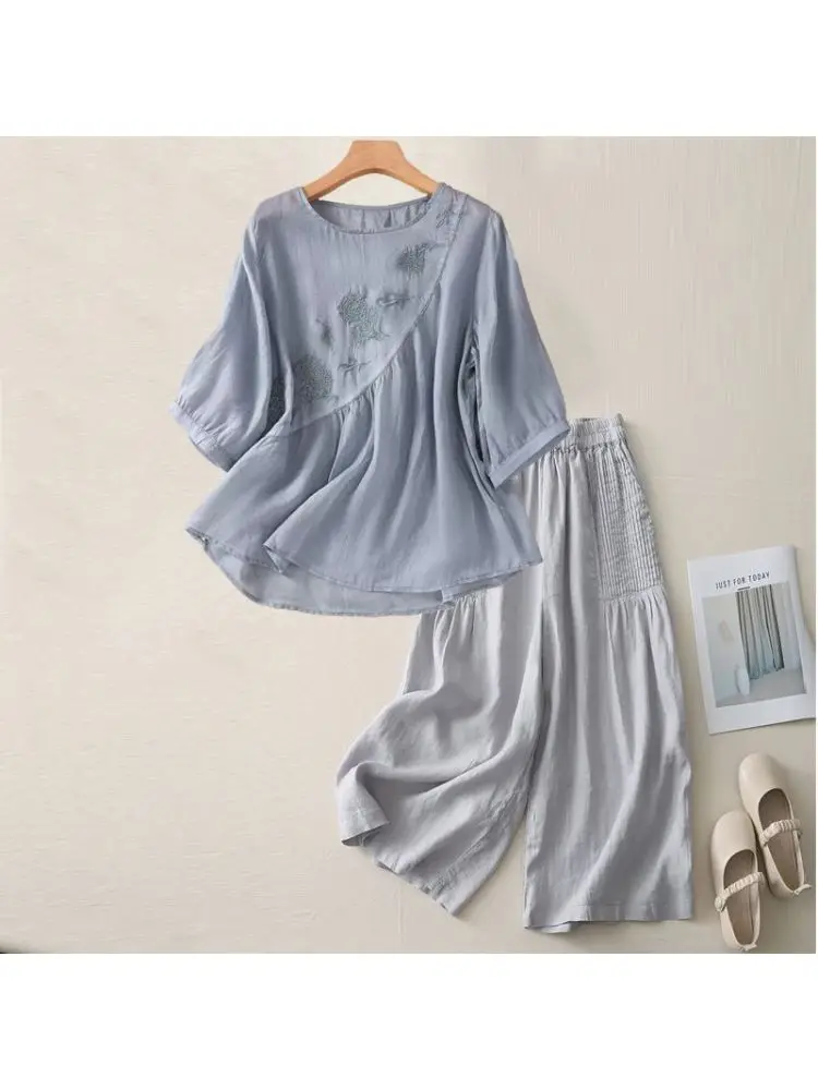

Fashionable Cotton Linen Set for Middle-Aged Mothers Summer Artistic Top Vintage Stylish Two-Piece Set Women's Clothing