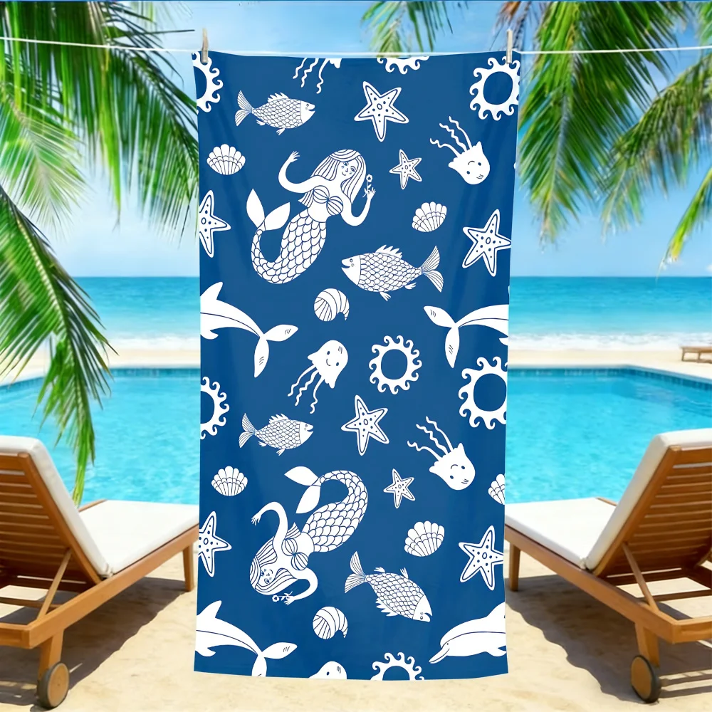 Mermaid & Sea Creature Beach Towel – Oversized Quick Dry Sand Free with Hand-Drawn Ocean Print